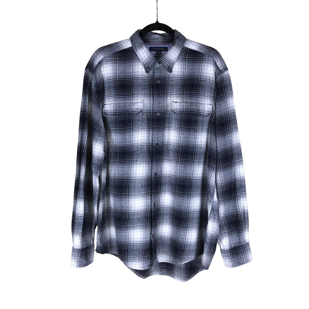 Tommy Hilfiger Shirt Men’s XL Black Gray Beige Plaid 100% Cotton Button Down